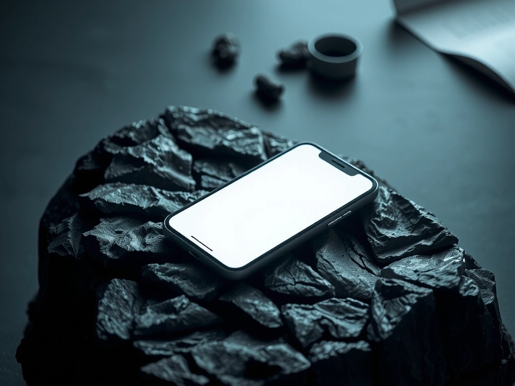 Smartphone sur pierre brute, interface minimaliste